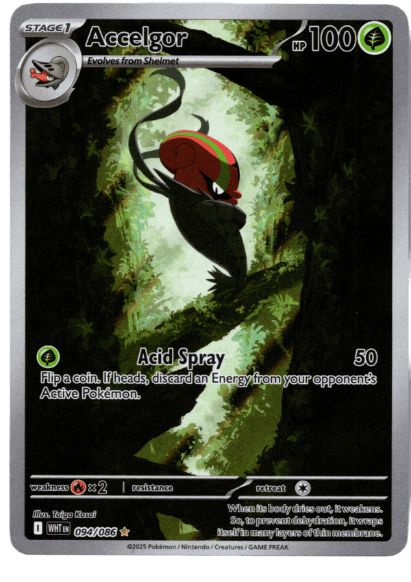 Accelgor Pokémon kort med 100 HP och Acid Spray attack.