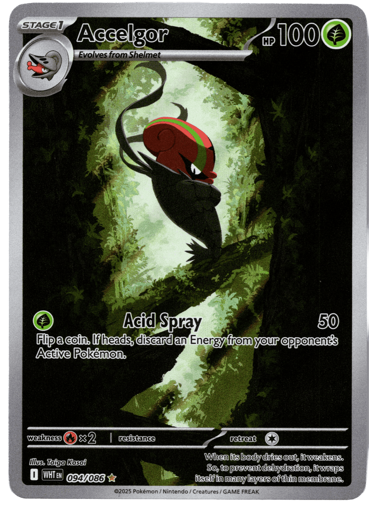 Accelgor Pokémon kort med 100 HP och Acid Spray attack.