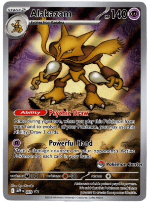 Alakazam Pokémon Center kort med psykologisk kraft och kraftfulla attacker.