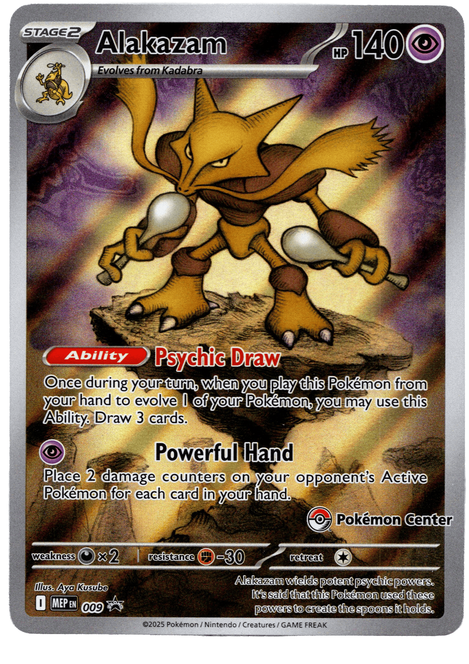 Alakazam Pokémon Center kort med psykologisk kraft och kraftfulla attacker.