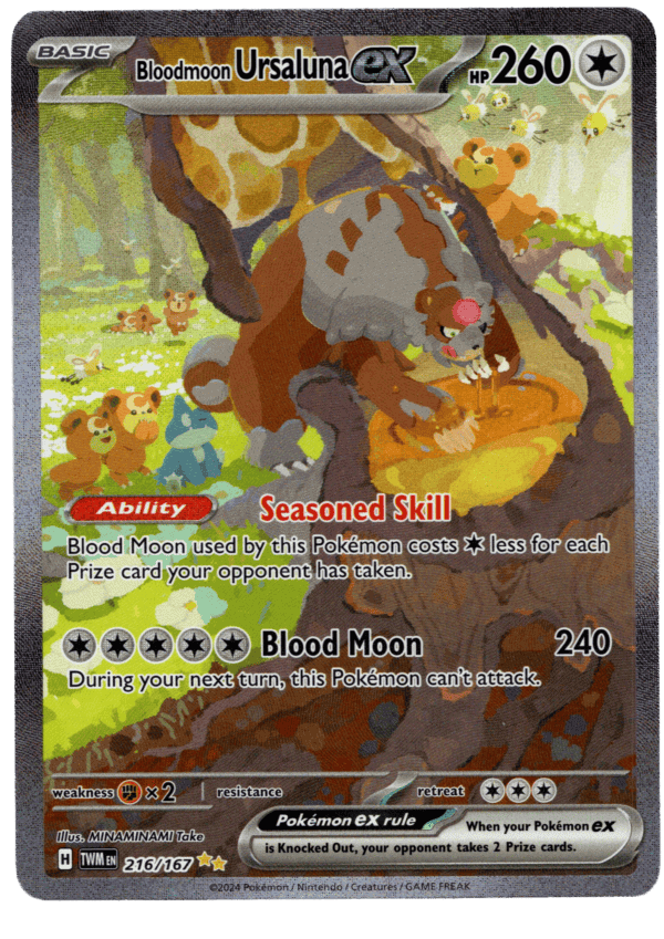 Bloodmoon Ursaluna ex Pokémon card with detailed artwork and abilities.