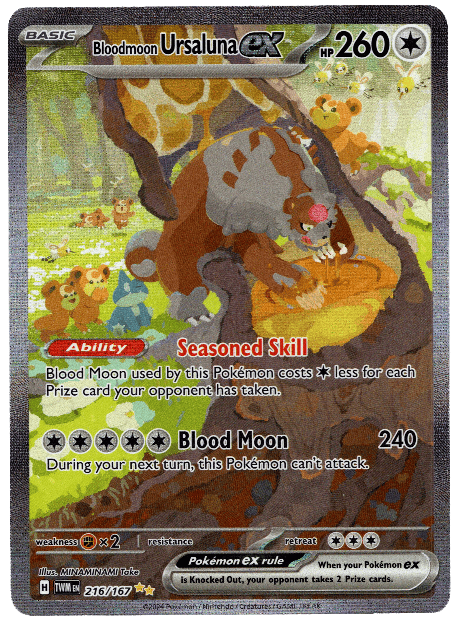 Bloodmoon Ursaluna ex Pokémon card with detailed artwork and abilities.