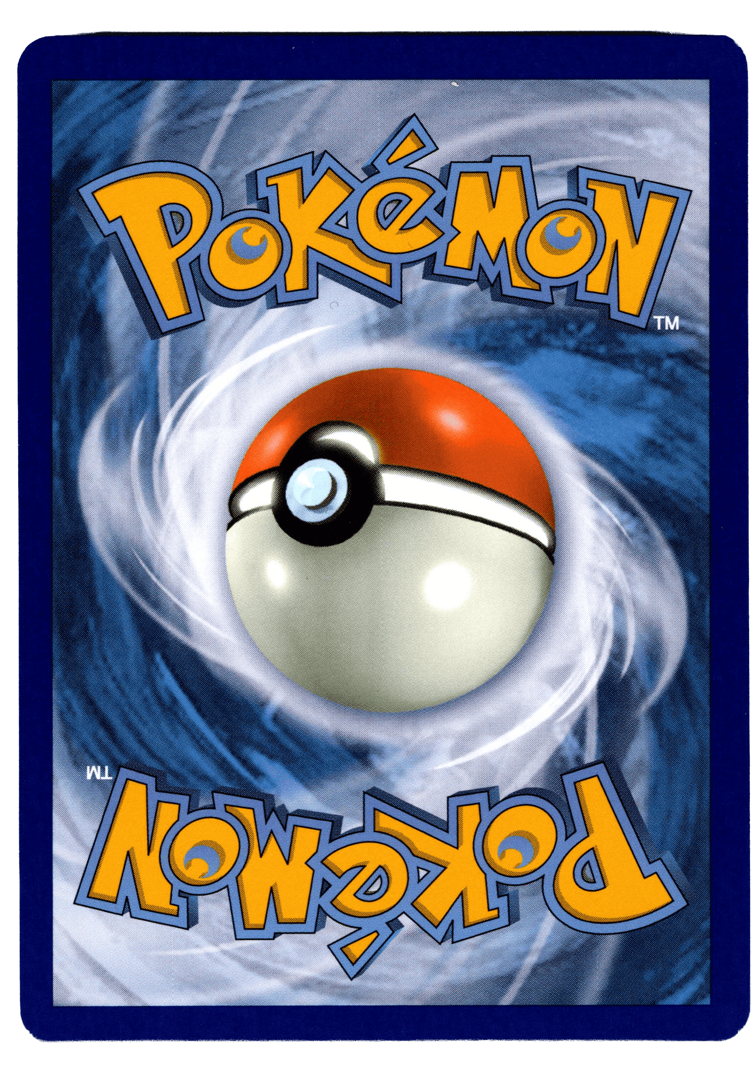 Pokémon kort med Pokéball motiv, blå bakgrund och tydlig logotyp.