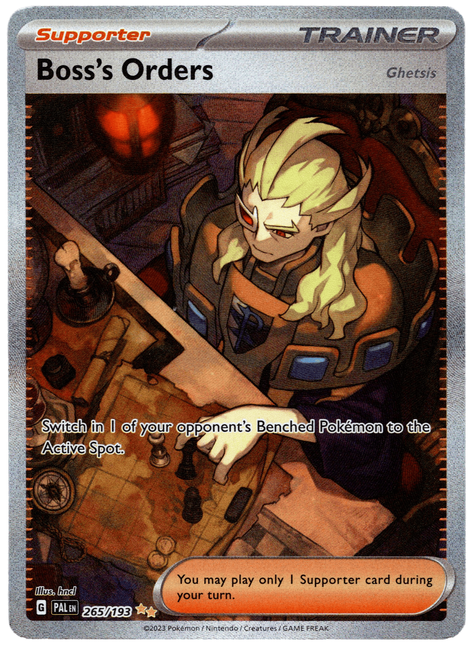 Ghetsis supporter card from Pokémon TCG with artwork of Ghetsis at a table.