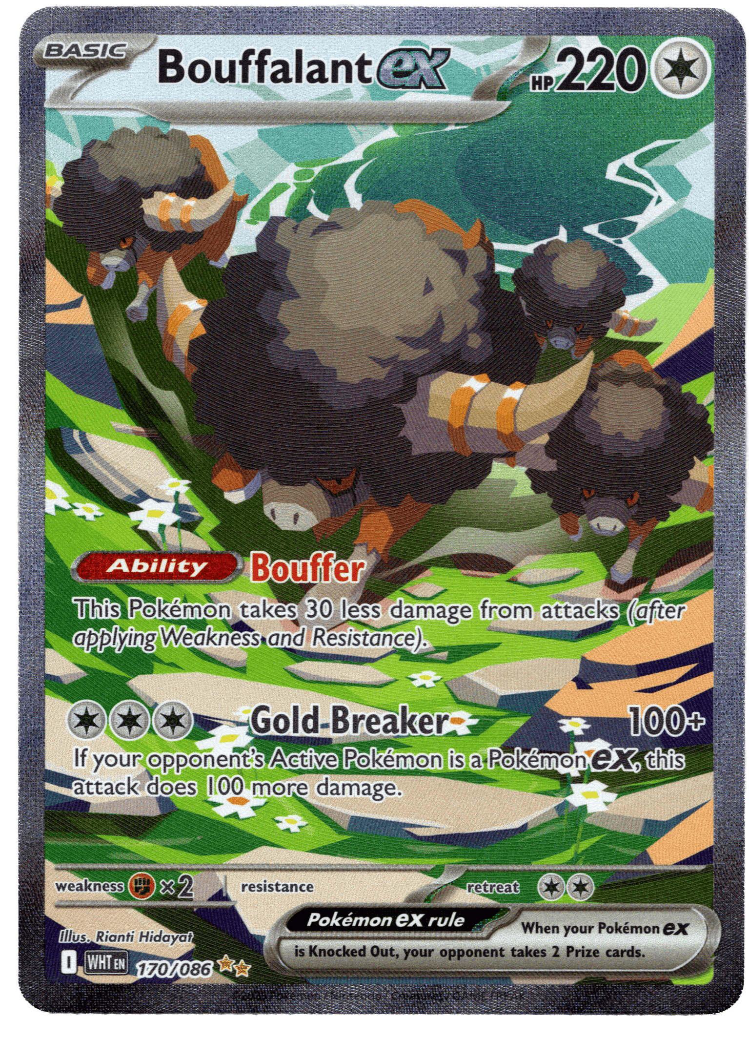 Bouffalant ex Pokémon kort med 220 HP och unika förmågor.