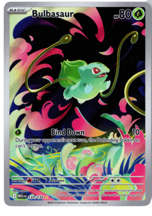 Pokémon Bulbasaur kort med 80 HP och grönt blad, retro design.