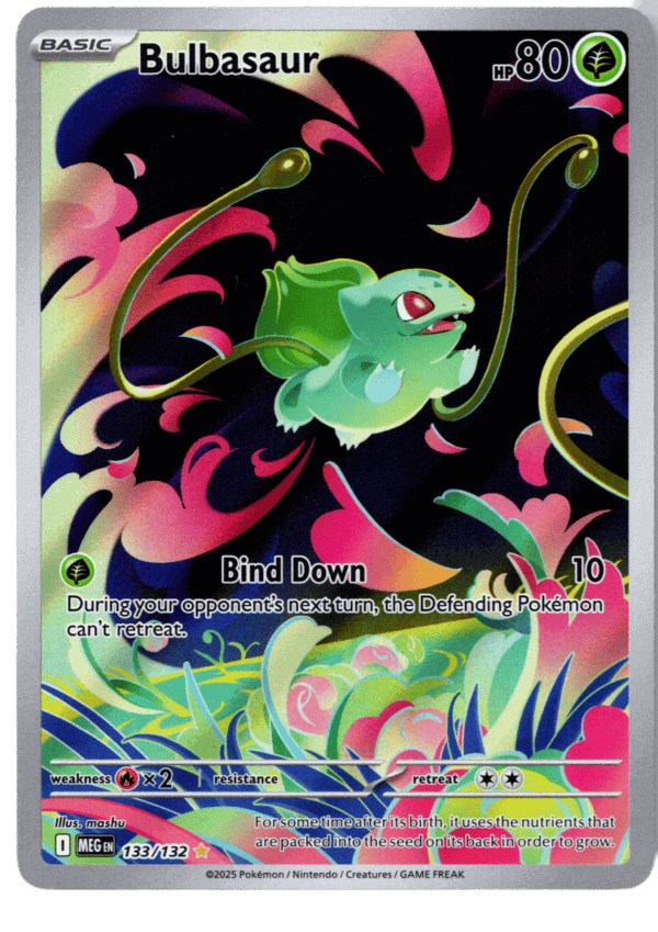 Pokémon Bulbasaur kort med 80 HP och grönt blad, retro design.