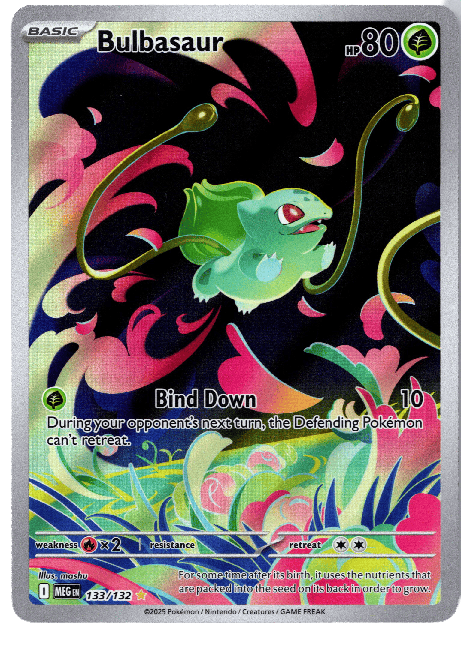 Pokémon Bulbasaur kort med 80 HP och grönt blad, retro design.
