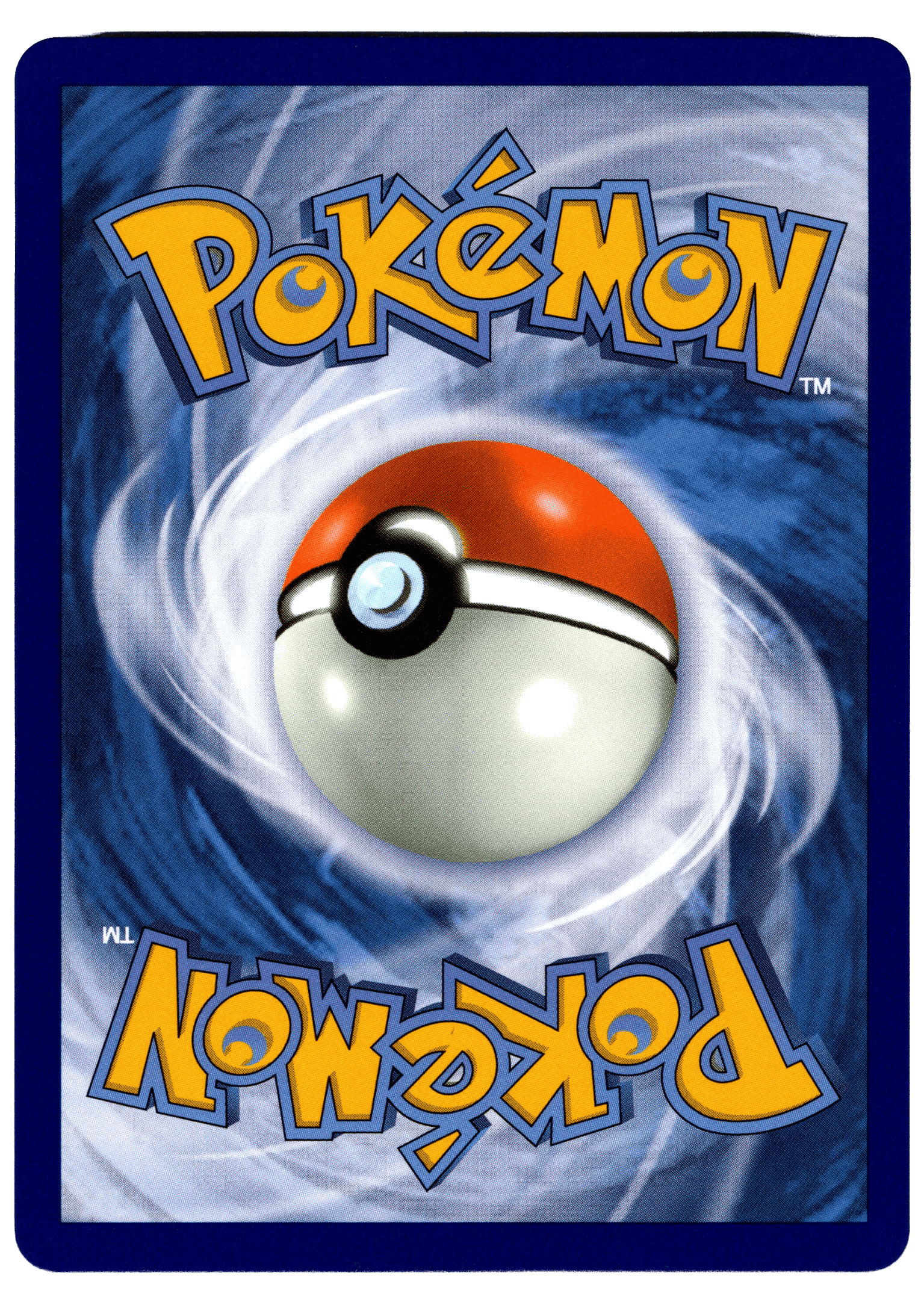 Pokémon-kort med Pokéball i centrum och blå bakgrund.