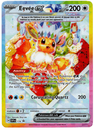 Eevee ex Pokémon kort med Rainbow DNA Ability och Coruscating Quartz attack.