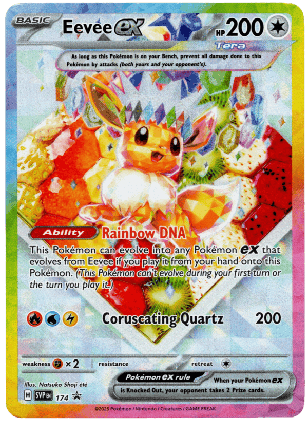 Eevee ex Pokémon kort med Rainbow DNA Ability och Coruscating Quartz attack.