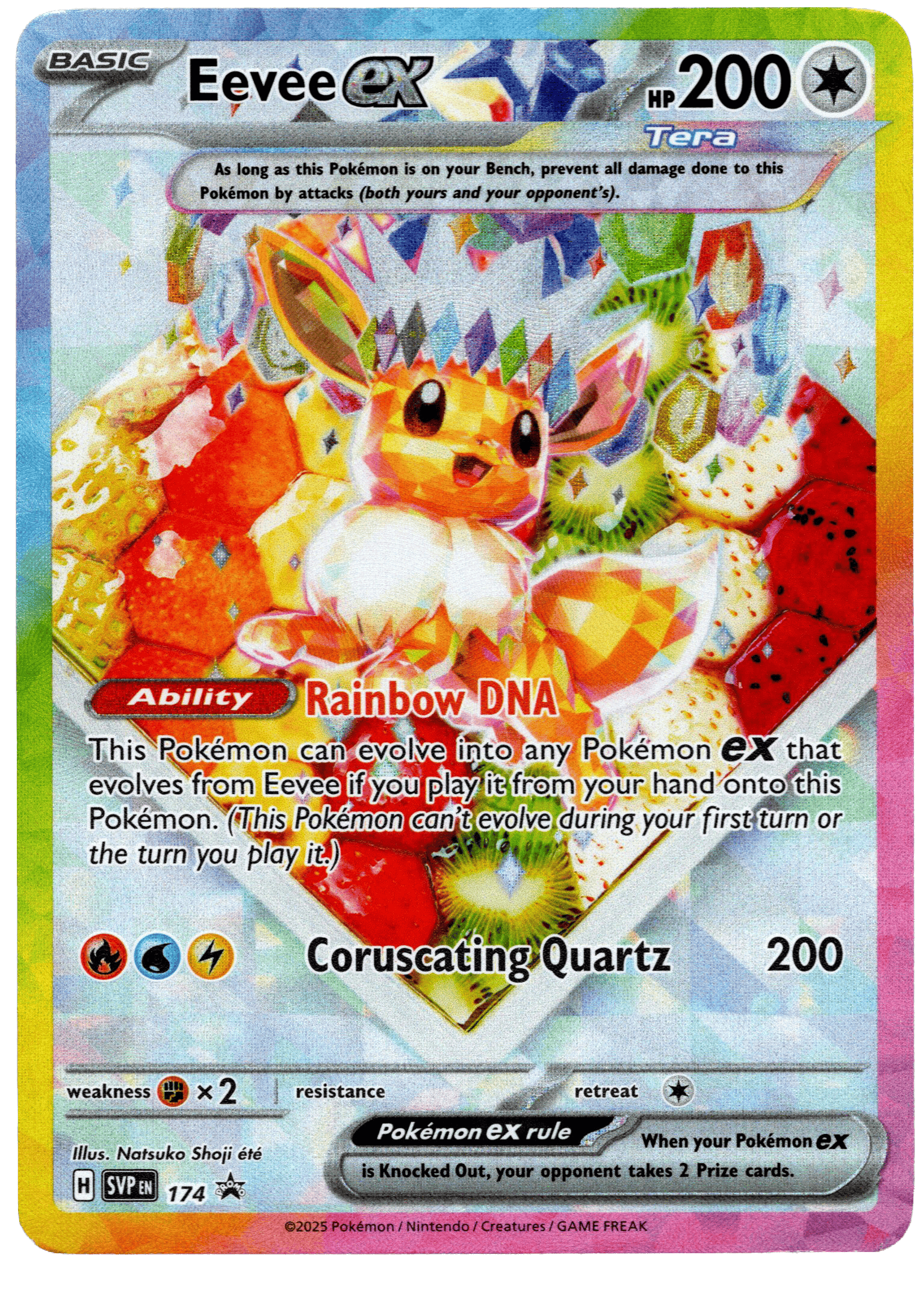 Eevee ex Pokémon kort med Rainbow DNA Ability och Coruscating Quartz attack.