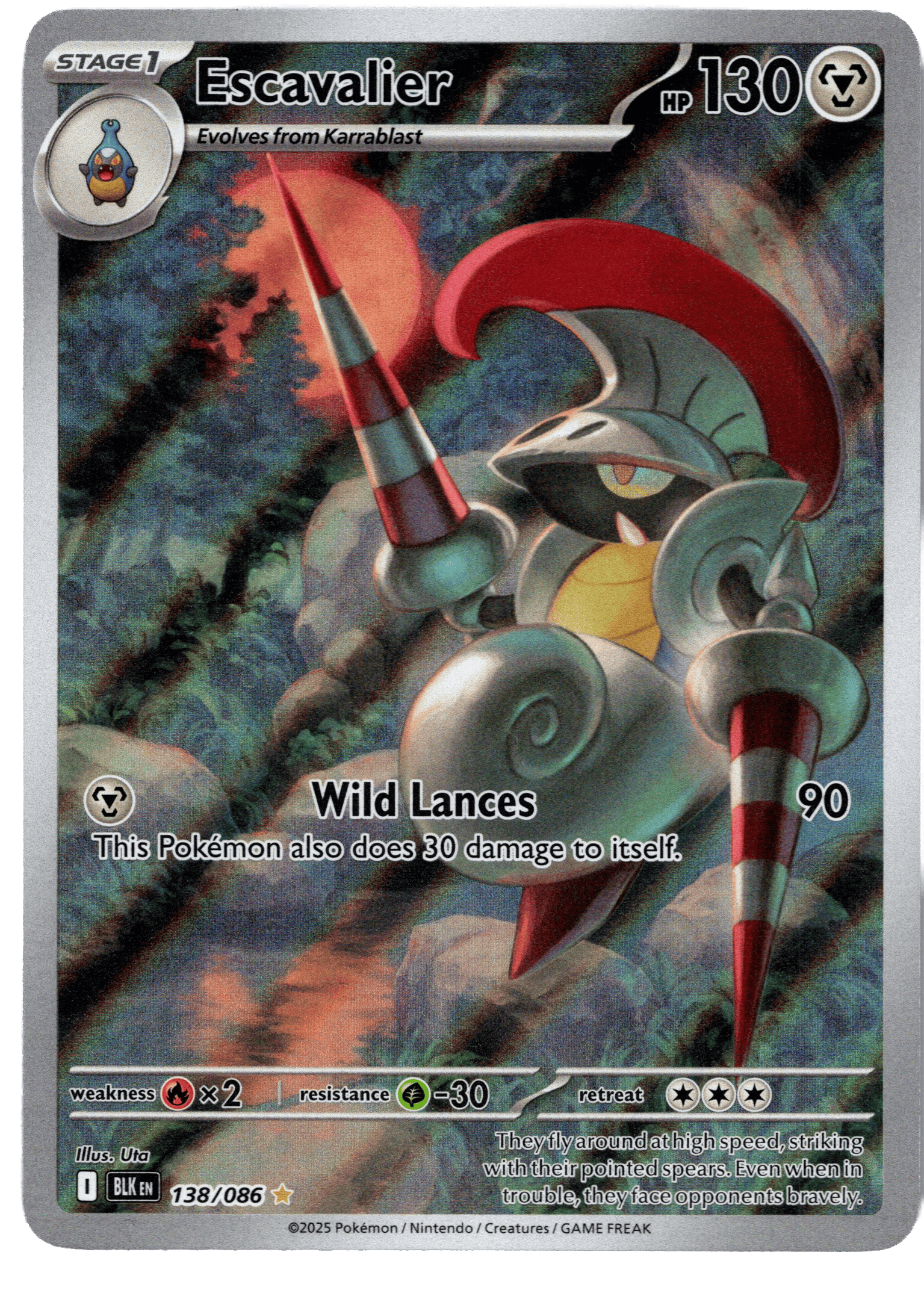 Escavalier Pokémon-kort med 130 HP och kraftfulla attacker.