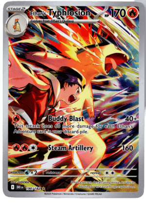 Ethan's Typhlosion i action med flammande attack i Pokémon-kort.