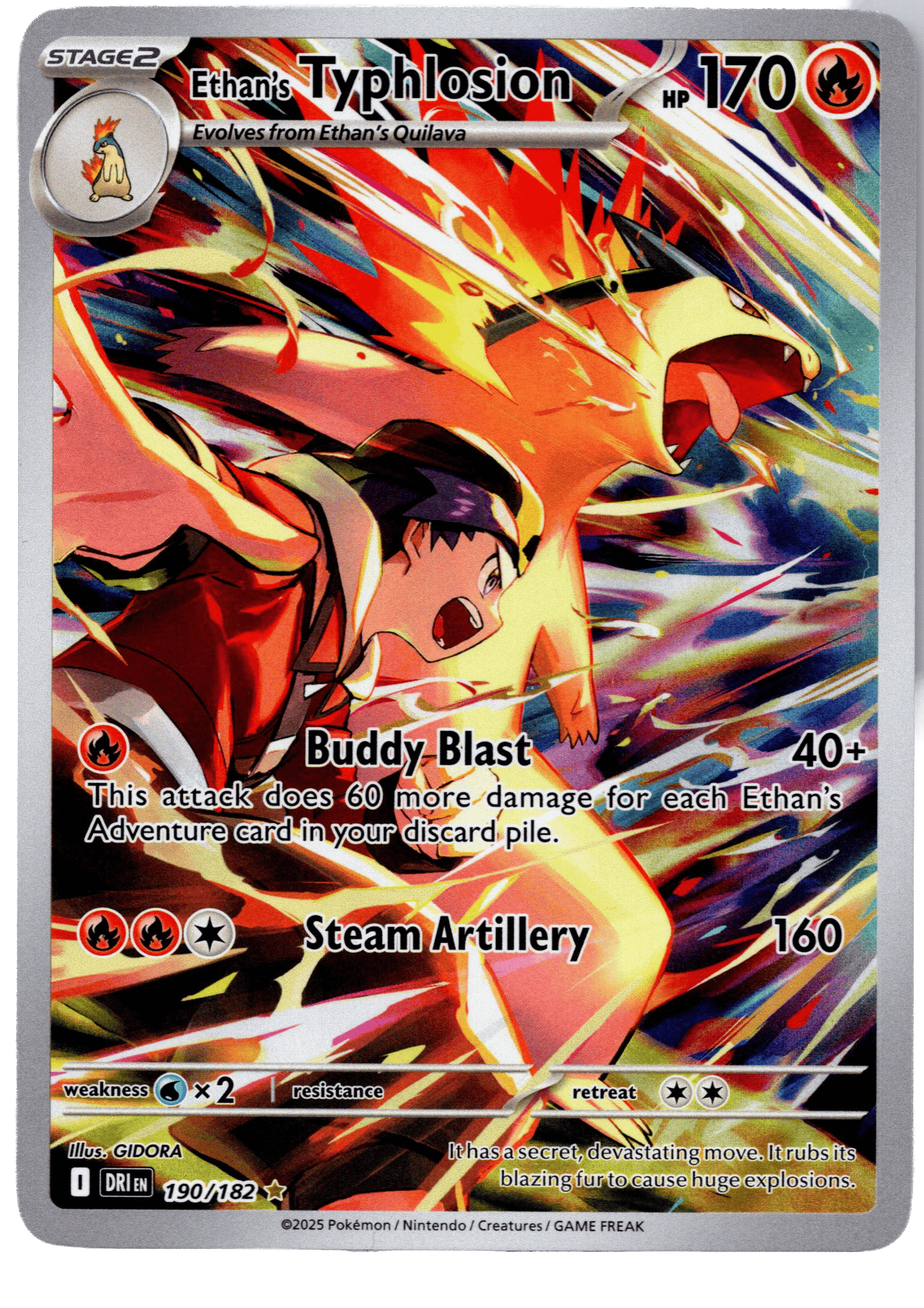 Ethan's Typhlosion i action med flammande attack i Pokémon-kort.