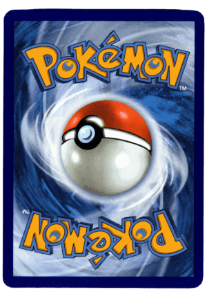 Pokémon Typhlosion kort med blå bakgrund och Pokéball i centrum.