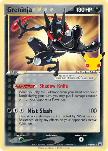 Greninja Pokémon card from SWSH 144 with 130 HP and Shadow Knife move.