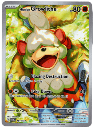 Hisuian Growlithe Pokémon-kort med 80 HP och brandattack.
