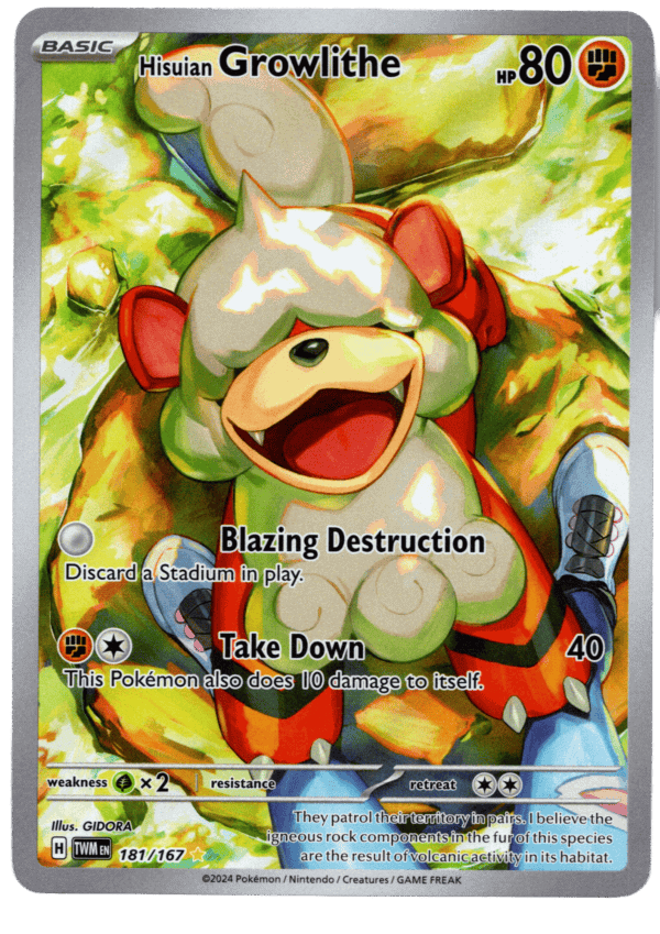 Hisuian Growlithe Pokémon-kort med 80 HP och brandattack.