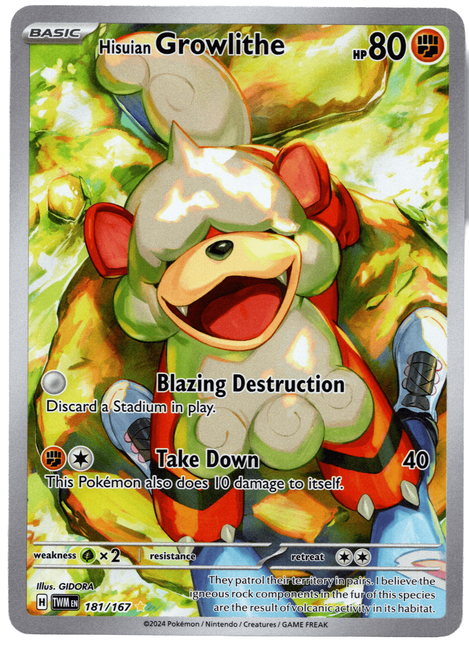 Hisuian Growlithe Pokémon-kort med 80 HP och brandattack.