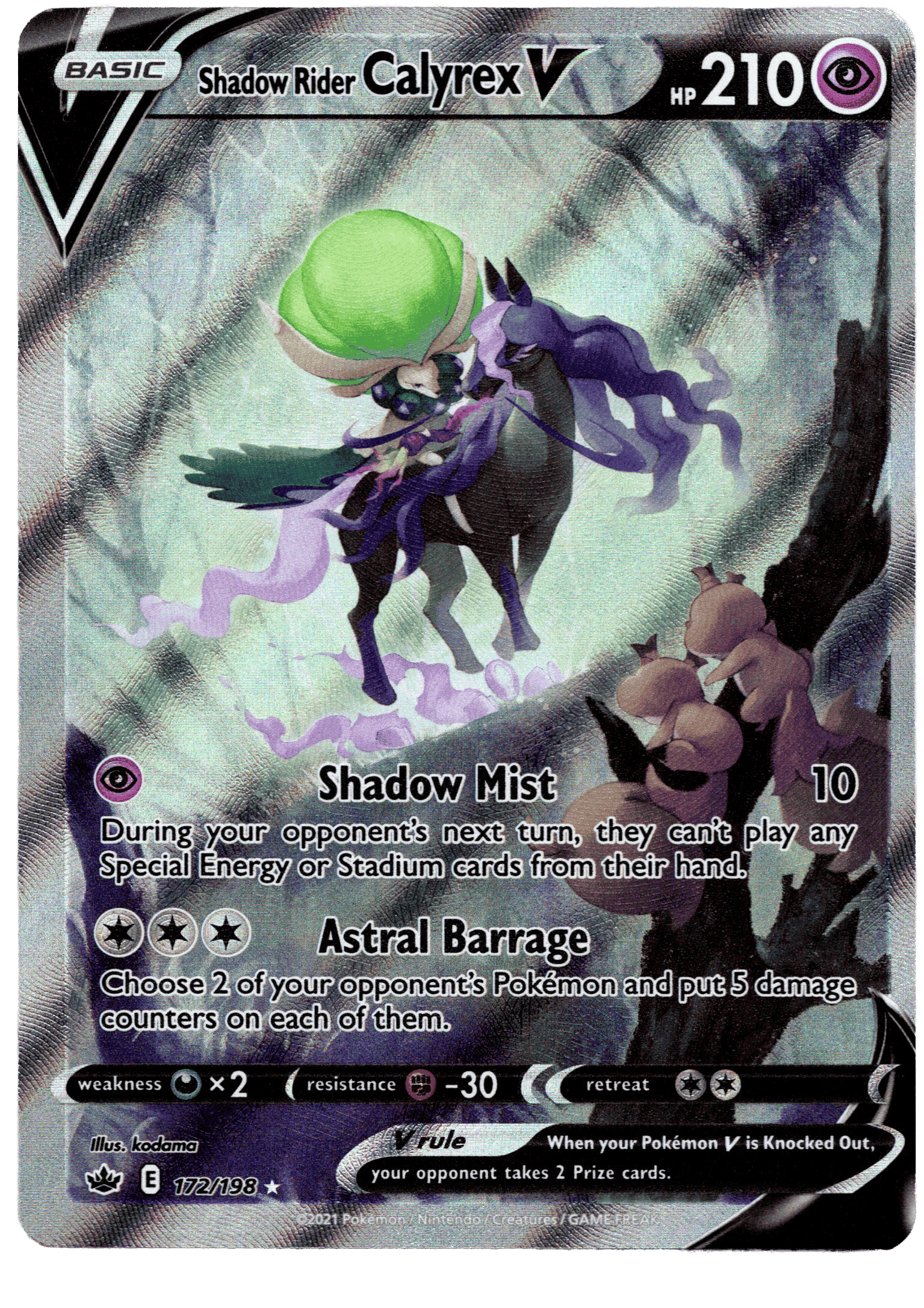 Ice Rider Calyrex V Pokémon-kort med 210 HP och Shadow Rider design.