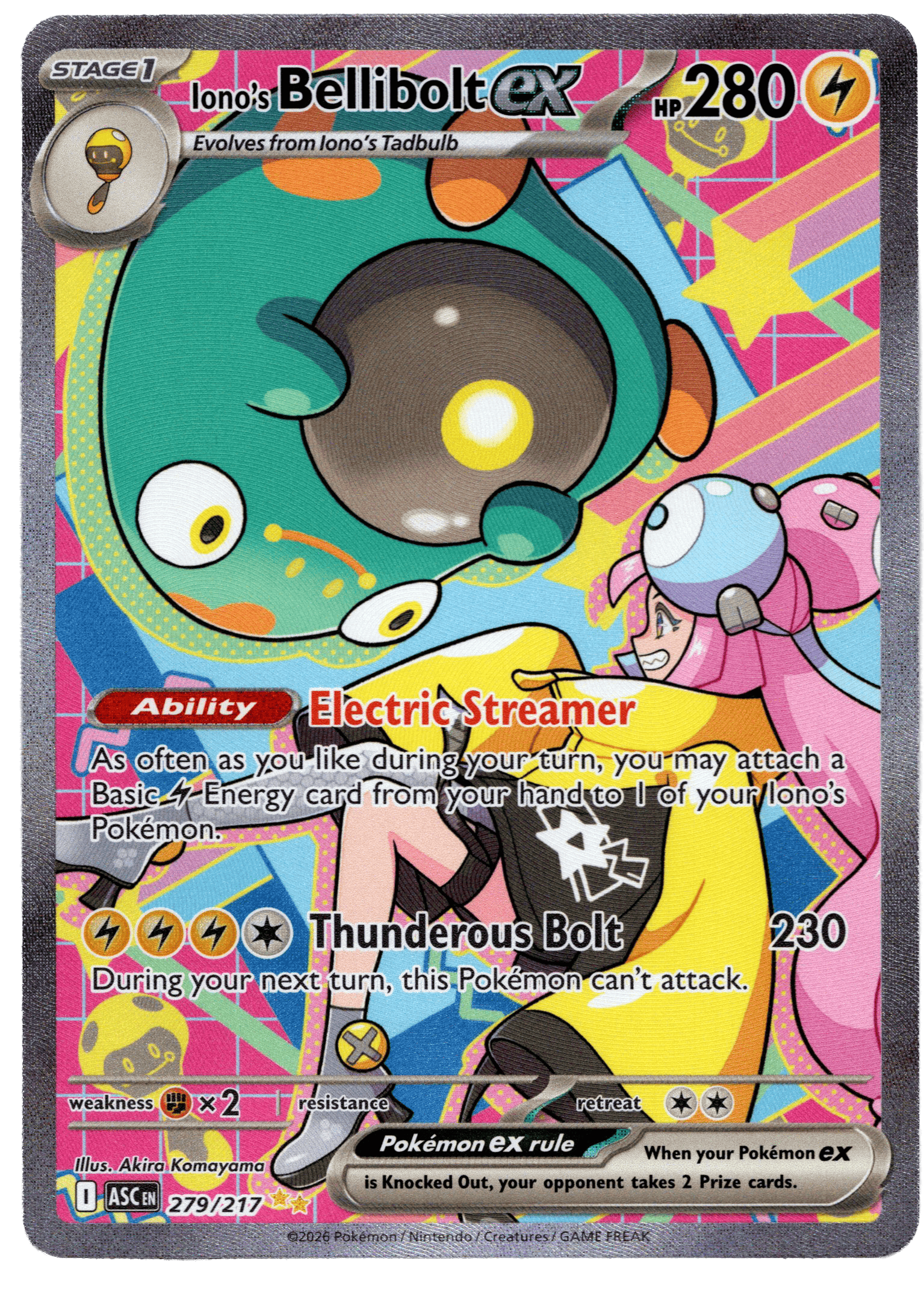 Pokémon Bellibolt ex card with Electric Streamer ability and Thunderous Bolt attack.