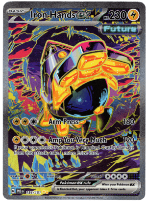 Pokémon Iron Hands ex card with electric attack and artwork.