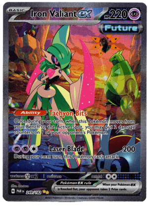 Iron Valiant ex Pokémon kort med kraftfull design och färgglad bakgrund.