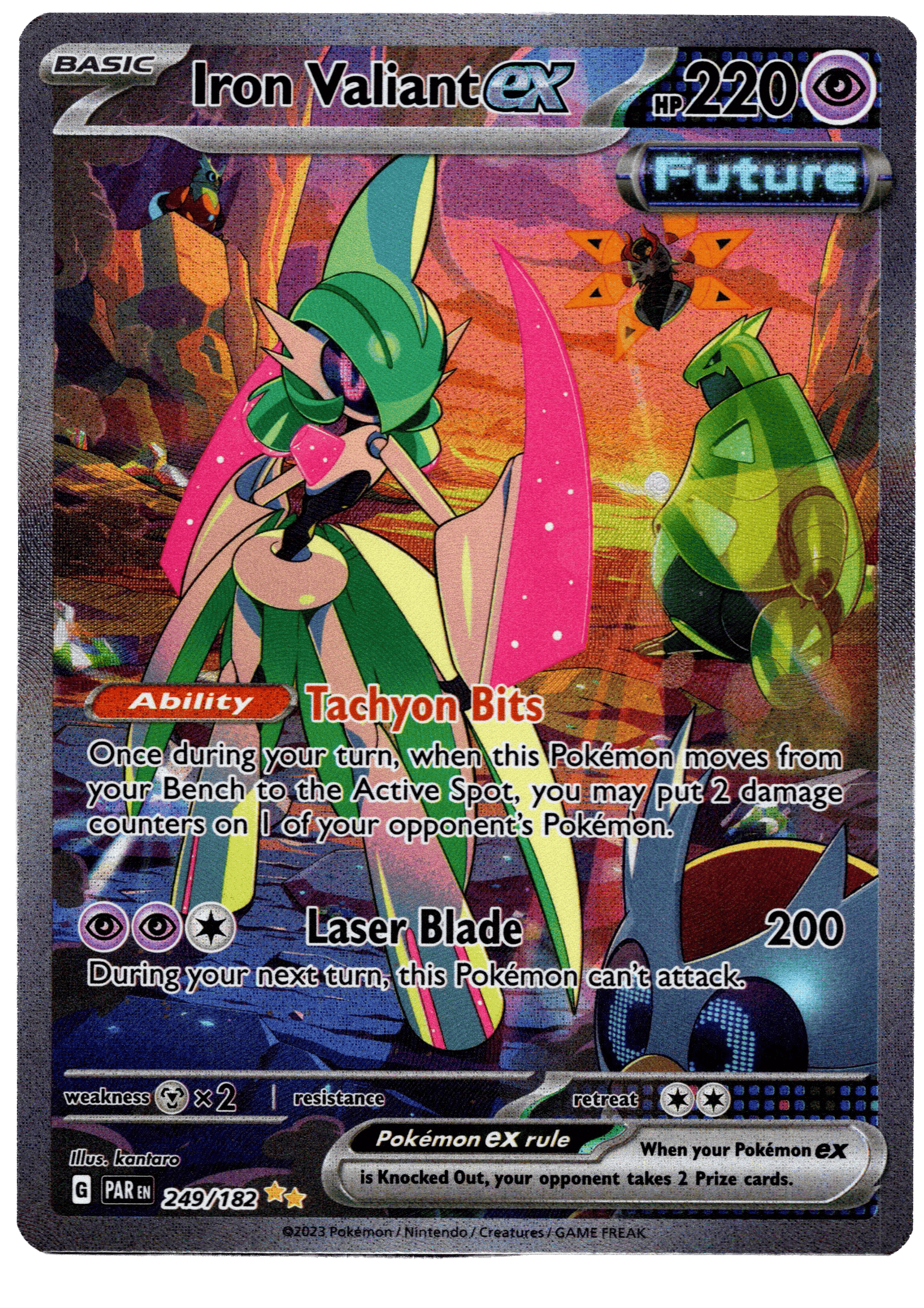 Iron Valiant ex Pokémon kort med kraftfull design och färgglad bakgrund.