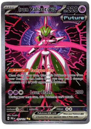 Iron Valiant ex Pokémon card with futuristic design and vibrant colors.