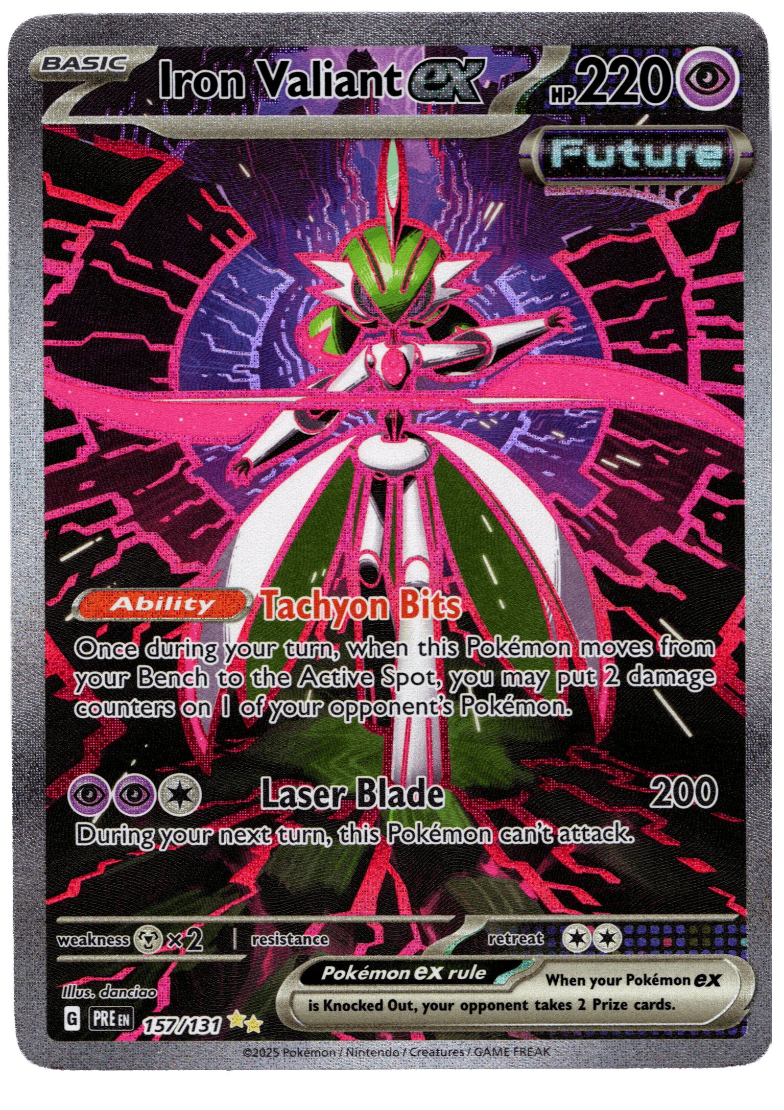 Iron Valiant ex Pokémon card with futuristic design and vibrant colors.