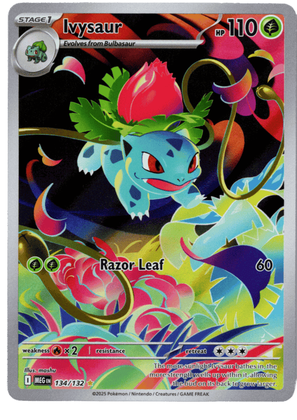 Ivysaur Pokémon card with vibrant artwork and details.