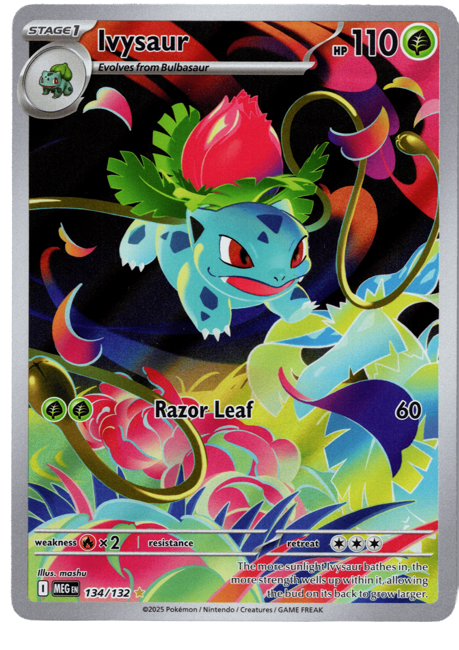 Ivysaur Pokémon card with vibrant artwork and details.