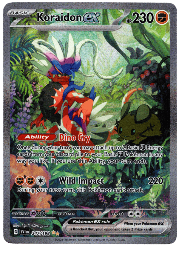 Koraidon ex Pokémon-kort med 230 HP och unika förmågor.