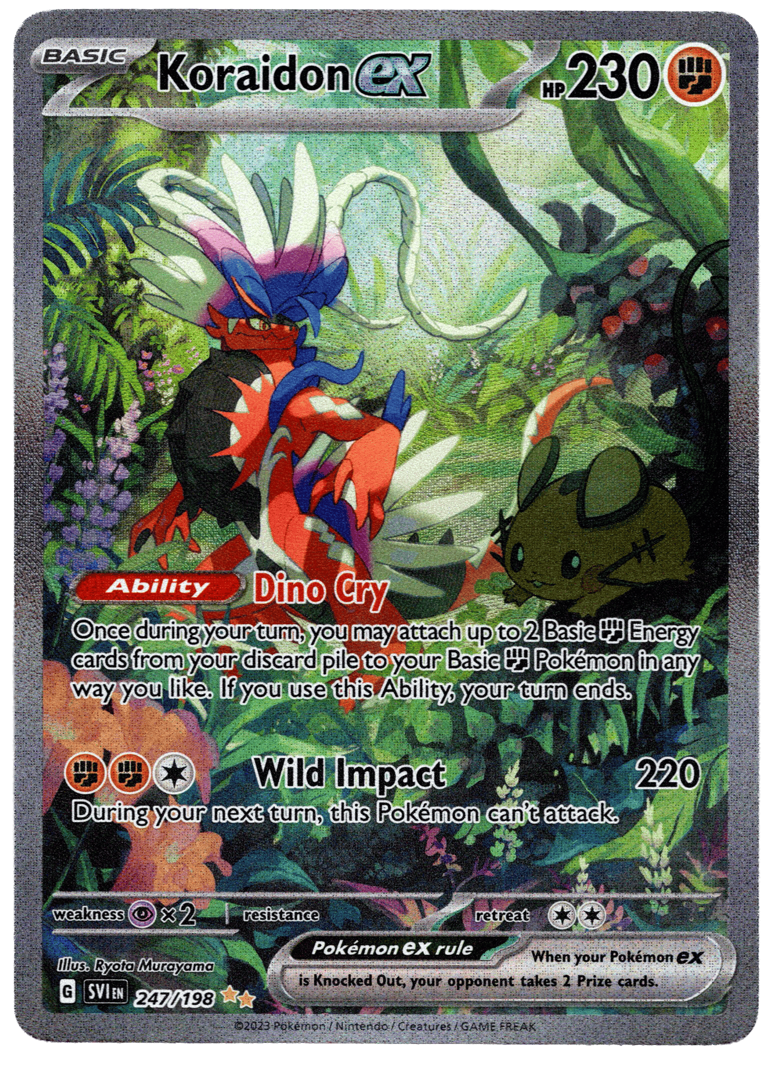 Koraidon ex Pokémon-kort med 230 HP och unika förmågor.