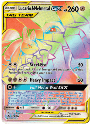 Pokémon card featuring Lucario & Melmetal GX with 260 HP and attack details.
