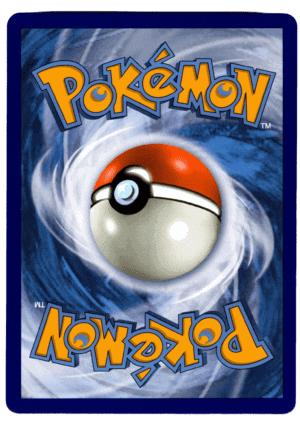 Pokémon kort med Pokéball motiv, blå bakgrund och logo.