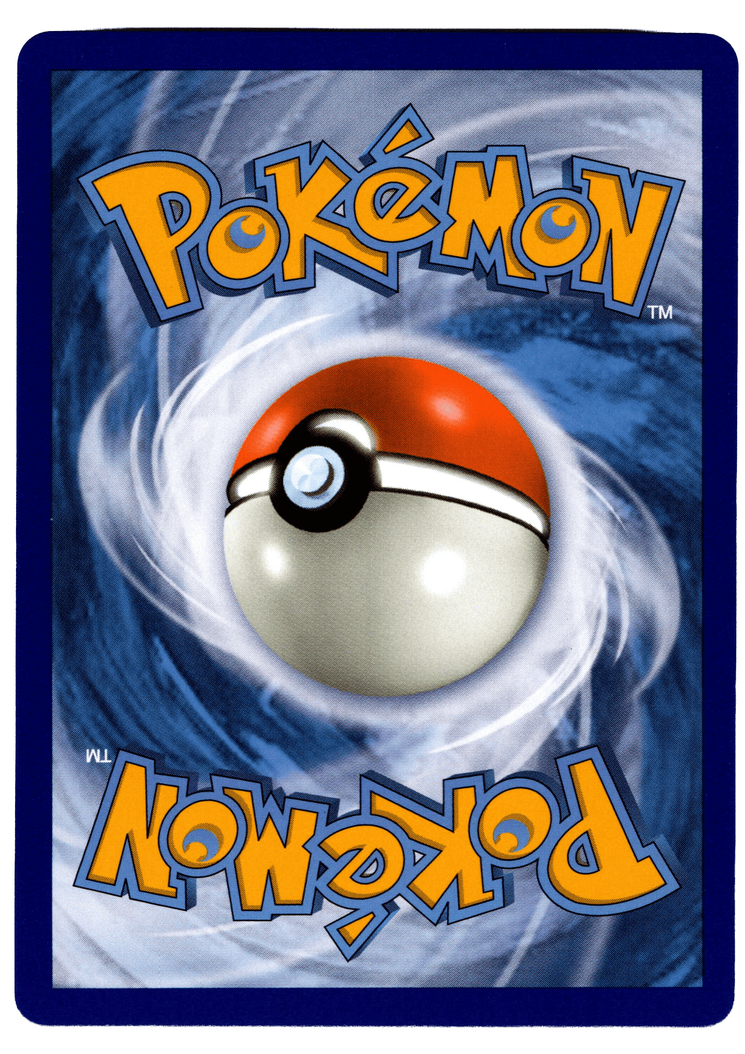 Pokémon kort med Pokéball motiv, blå bakgrund och logo.