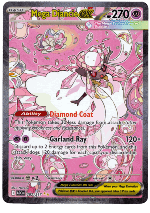 Mega Diancie ex Pokémon-kort med Diamond Coat och Garland Ray-attacker.