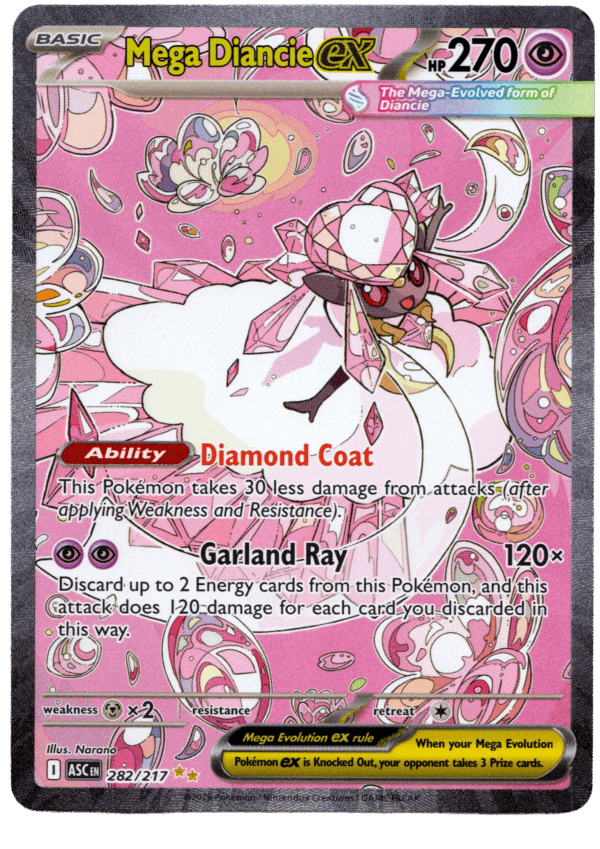 Mega Diancie ex Pokémon-kort med Diamond Coat och Garland Ray-attacker.