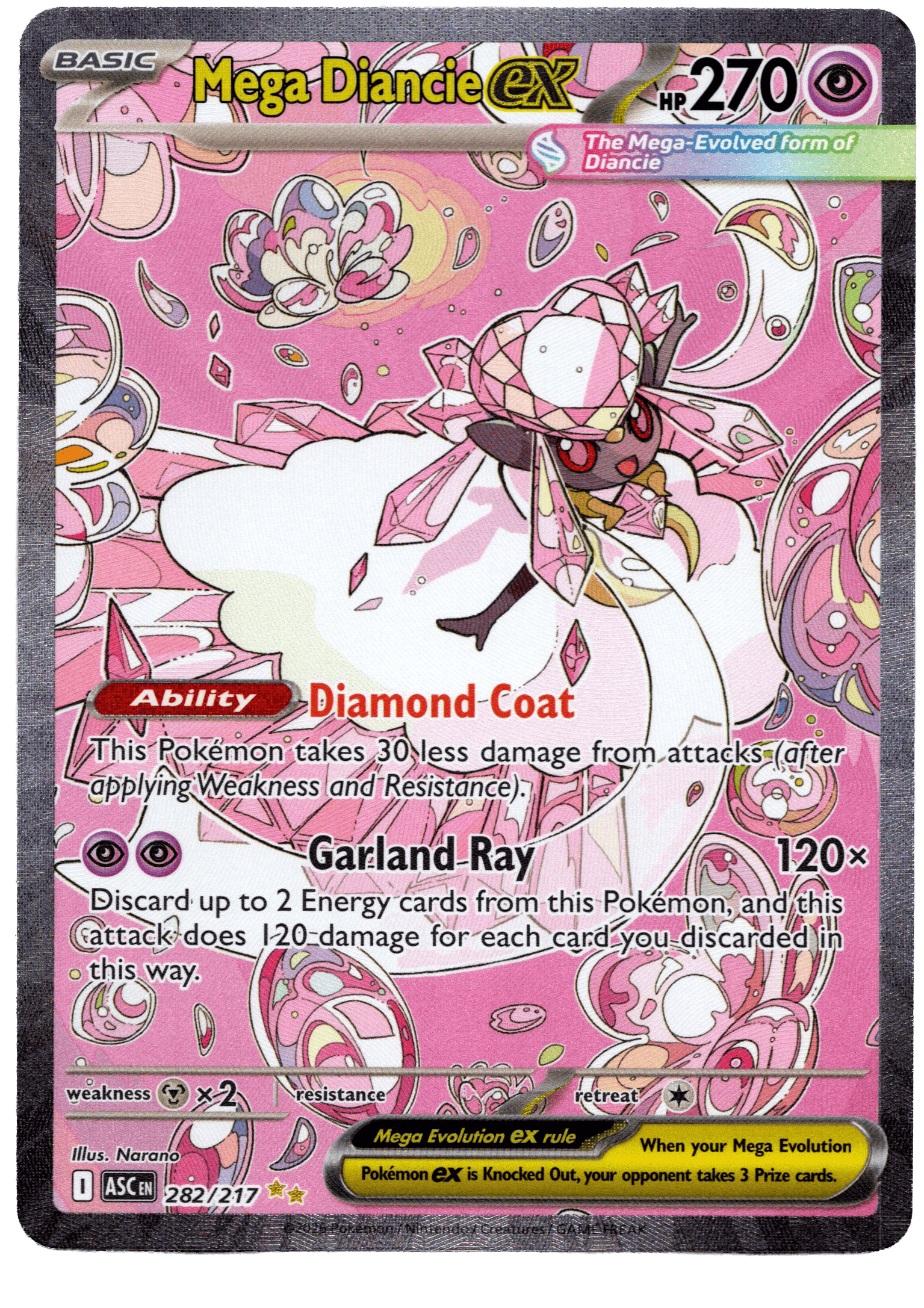 Mega Diancie ex Pokémon-kort med Diamond Coat och Garland Ray-attacker.