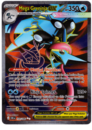 Mega Greninja ex från Pokémonkort med 350 HP och specialförmågor.