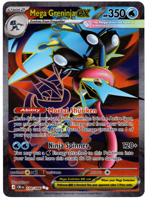 Mega Greninja ex från Pokémonkort med 350 HP och specialförmågor.