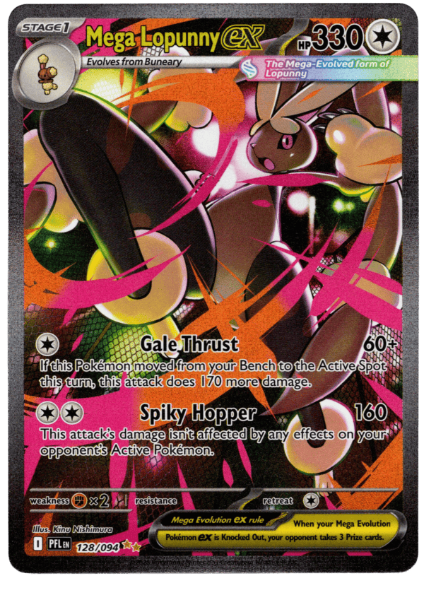 Pokémon Mega Lopunny ex med kraftfulla attacker och unik design.