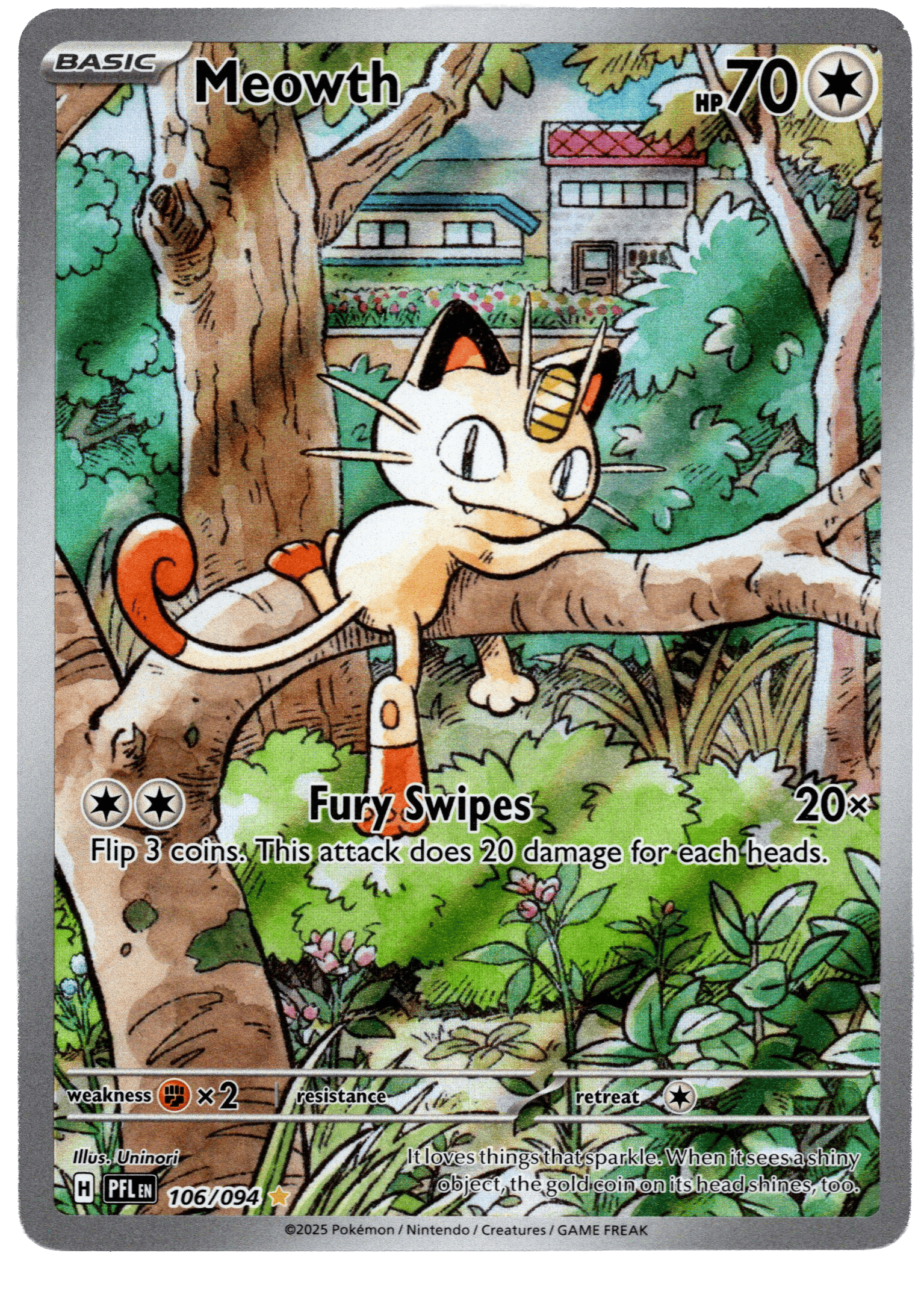 Meowth från Pokémon på ett träd i naturen.