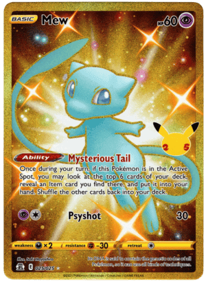 Mew Pokémon card with glowing background and special abilities.