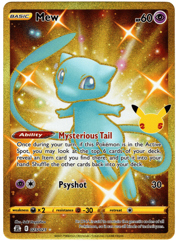 Mew Pokémon card with glowing background and special abilities.