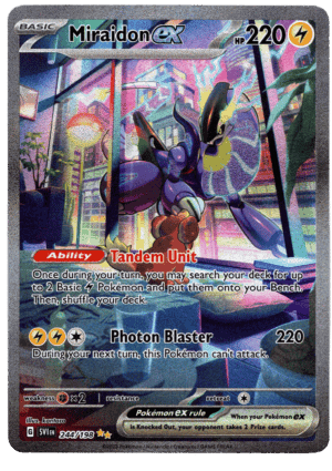 Miraidon ex Pokémon-kort med 220 HP och Photon Blaster attack.