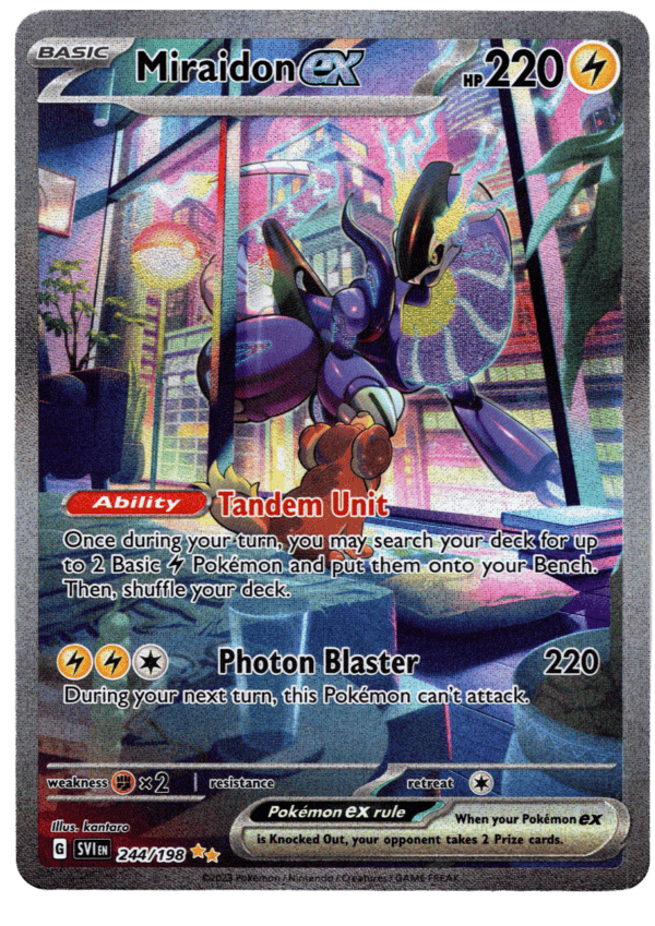 Miraidon ex Pokémon-kort med 220 HP och Photon Blaster attack.