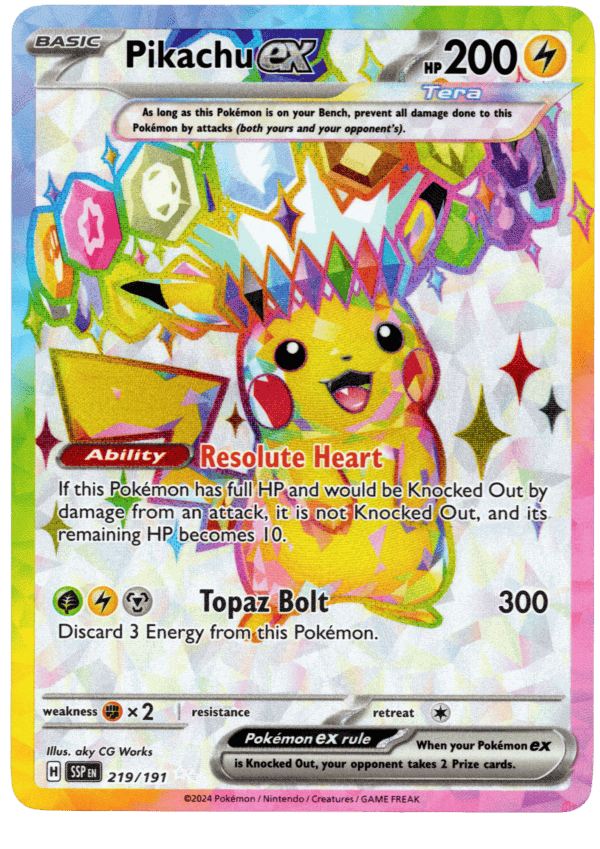 Pikachu ex Pokémon-kort med 200 HP och kraftfulla attacker.